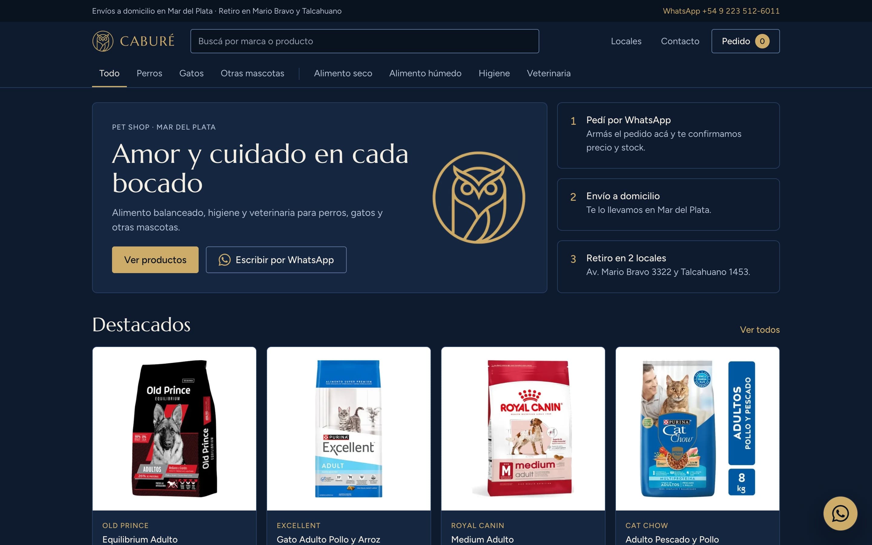 Página de inicio de cabure.store: buscador, categorías por mascota y productos destacados.